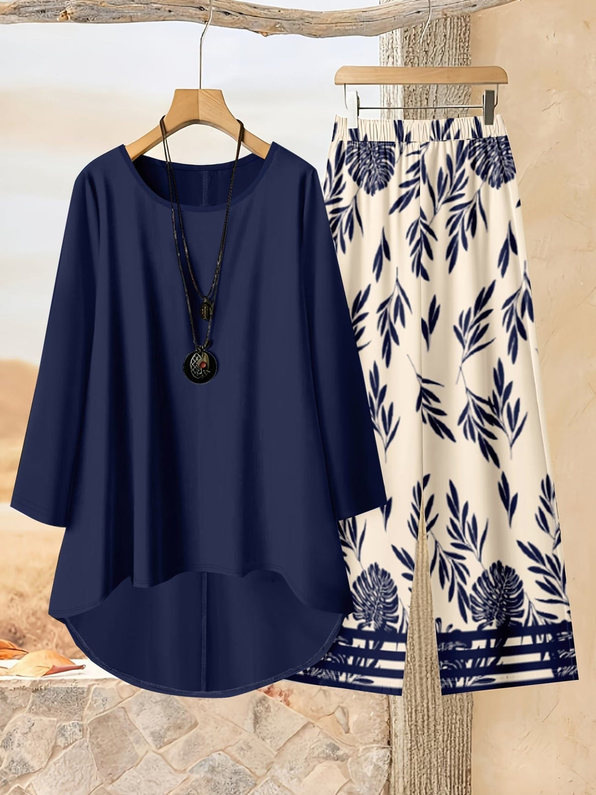 Loose Fit Irregular Print High-Low Hem Top with Solid Pants – Women’s Casual Two-Piece Outfit