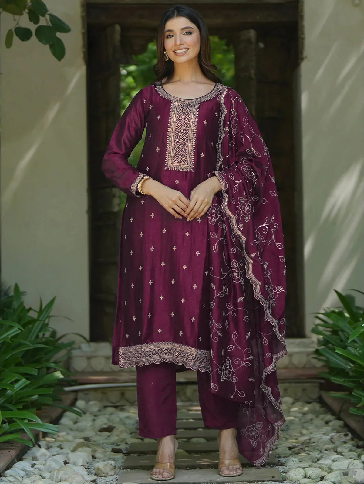Anouk Wine Embroidered Silk Blend Straight Suit With Dupatta