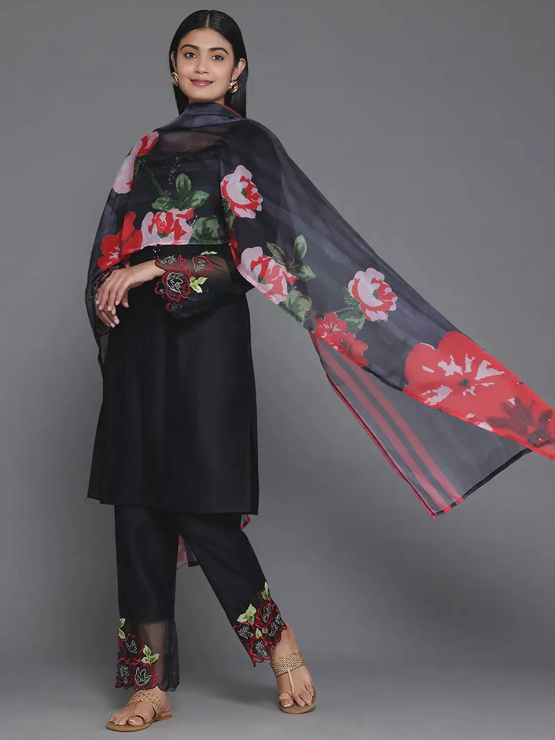 Anouk Black Solid Silk Blend Straight Suit With Dupatta