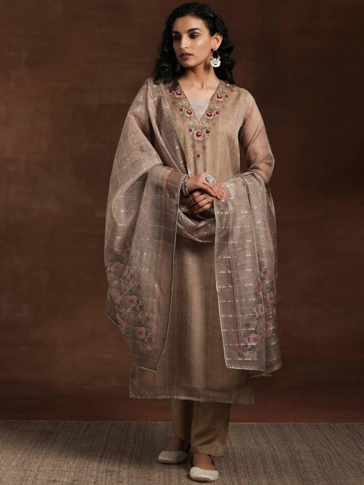 Anouk Tan Printed Organza Straight Suit With Dupatta
