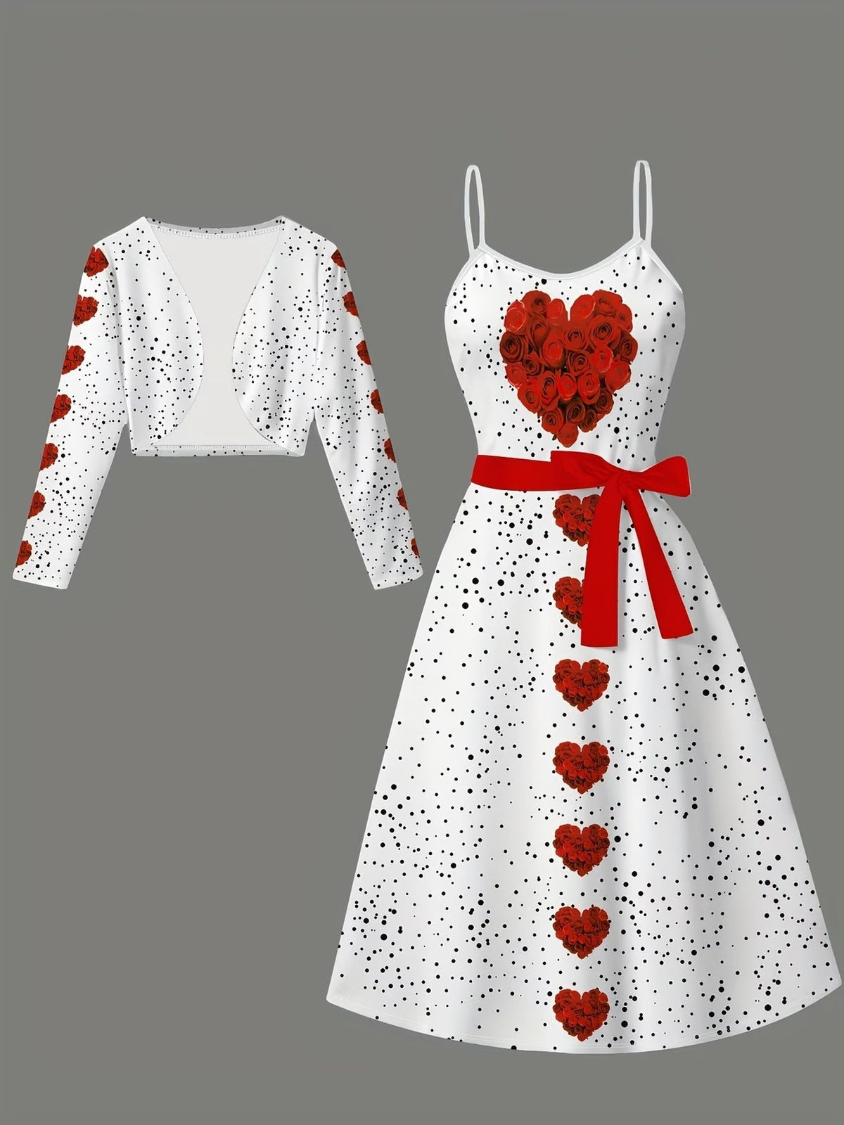 Women’s Elegant Heart Print Dress with Short Cardigan Jacket – Stylish 2 Piece Set