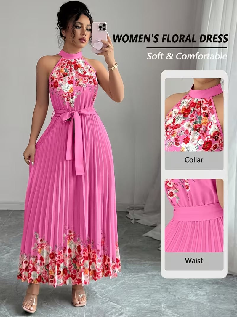 Elegant Floral Halter Neck Pleated Dress – Stylish & Comfortable Summer Outfit for Women