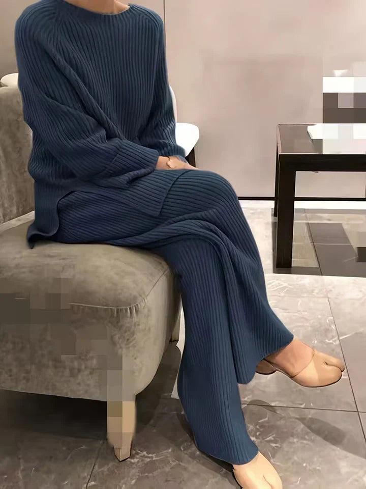 Round Neck Casual Slit Knitted Two-Piece Set Blue
