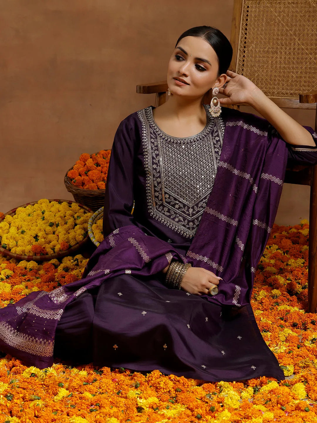 Anouk Purple Yoke Design Silk Blend Straight Suit With Dupatta