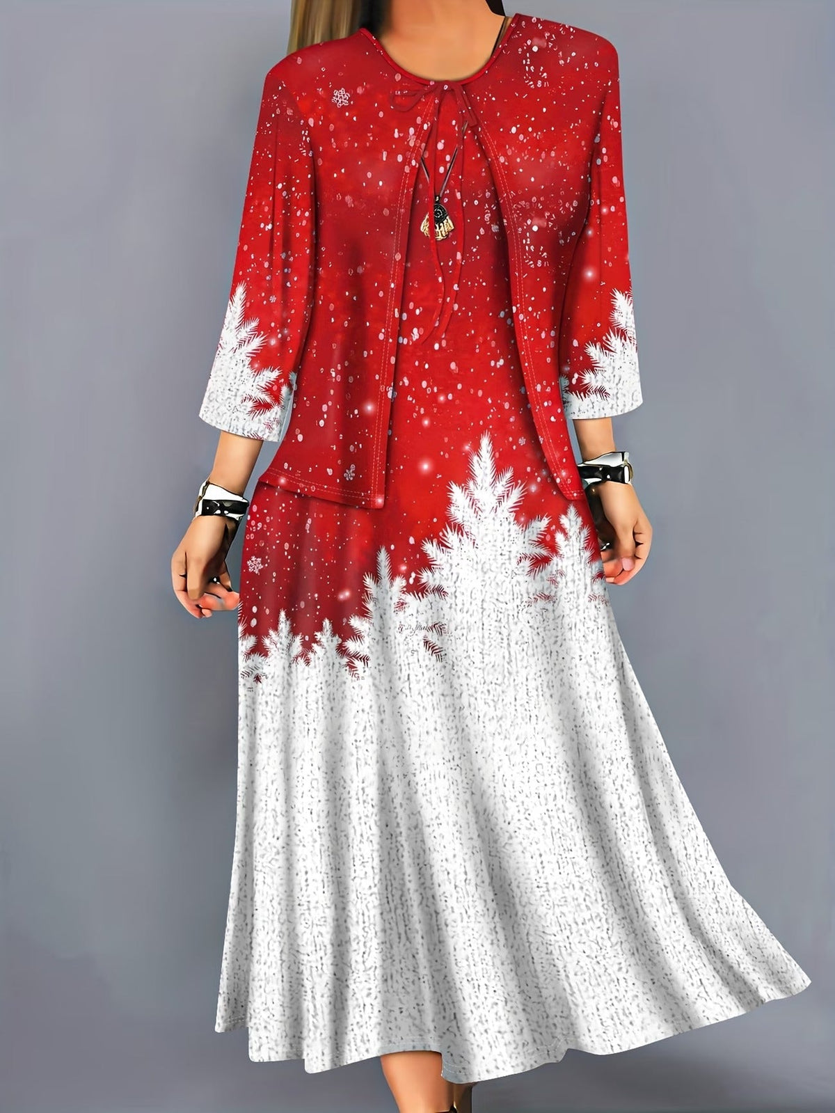Elegant Layered Two-Piece Midi Dress Set with Tie-Front Cardigan – Flowy Printed Everyday & Occasion Wear