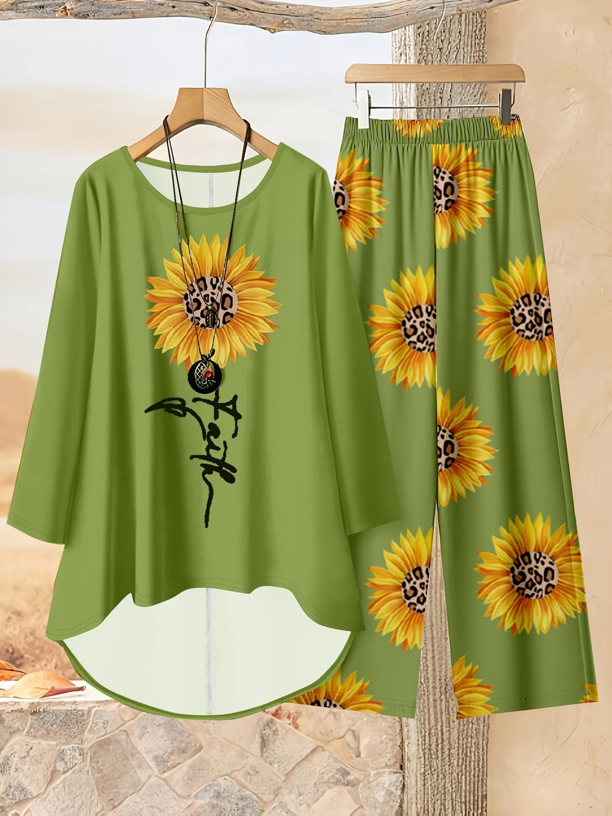 Loose Fit Irregular Print High-Low Hem Top with Solid Pants – Women’s Casual Two-Piece Outfit
