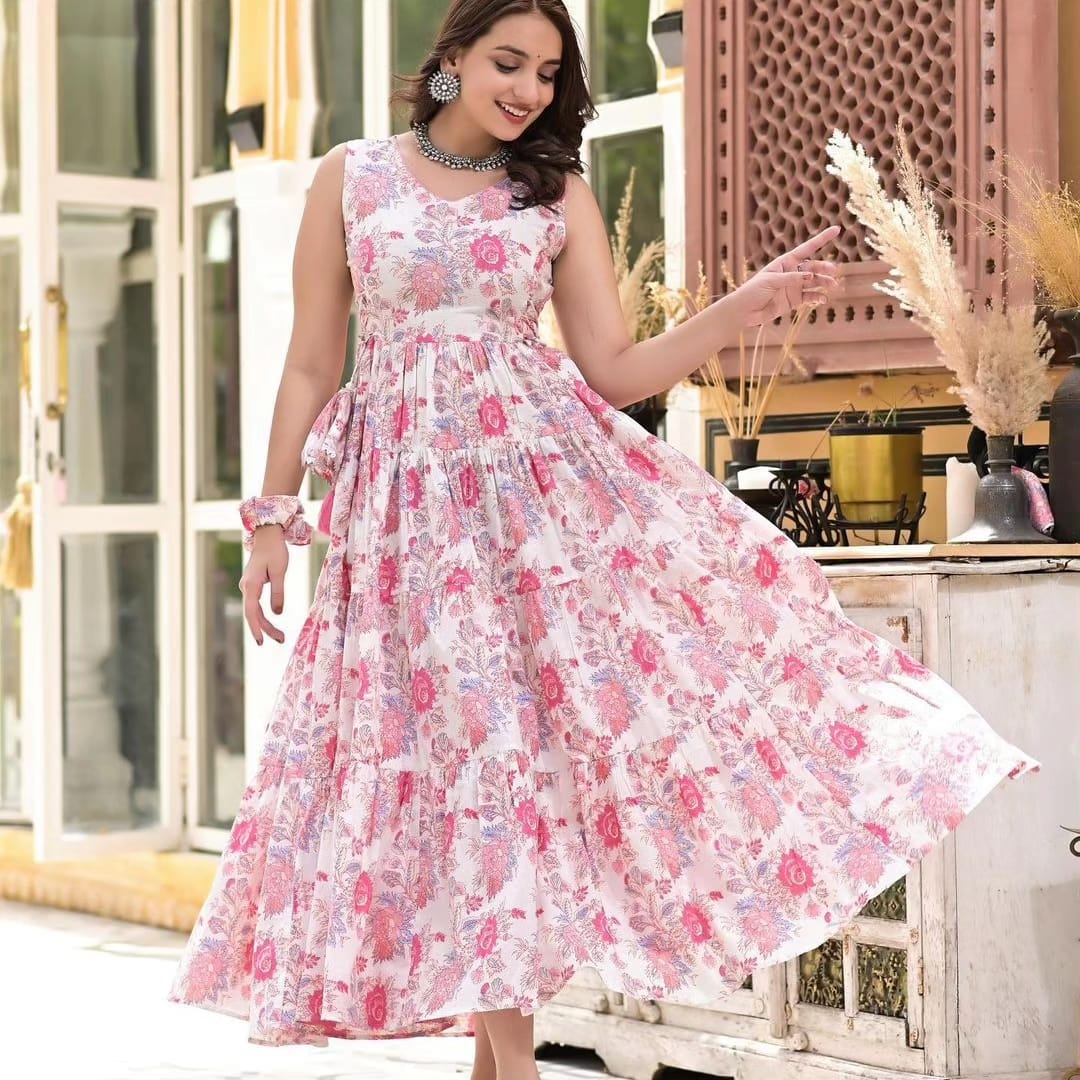 Pink and White Cotton Floral Maxi Dress