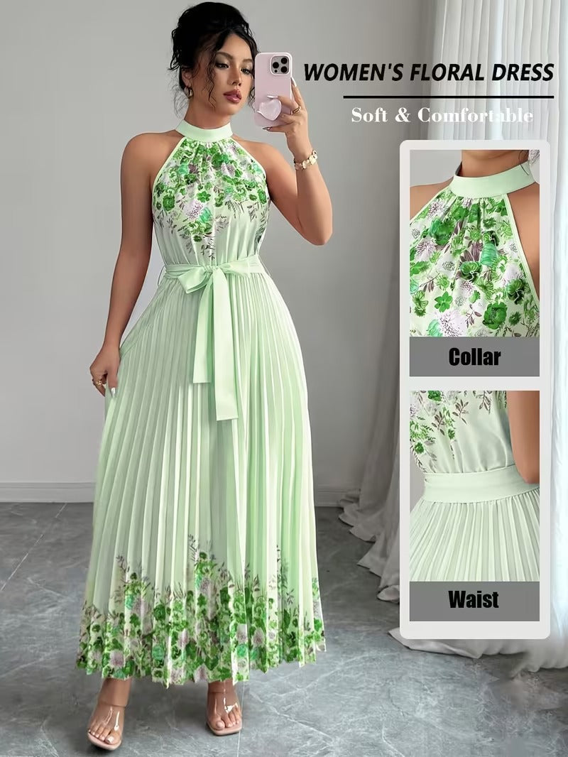 Elegant Floral Halter Neck Pleated Dress – Stylish & Comfortable Summer Outfit for Women
