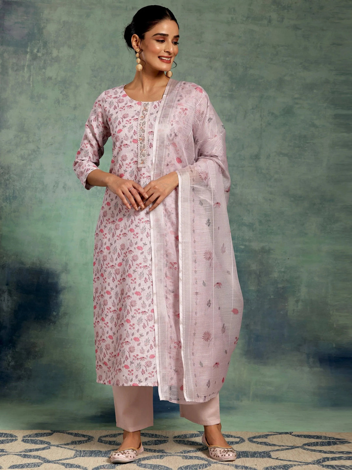 Anouk Lilac Printed Cotton Straight Suit With Dupatta