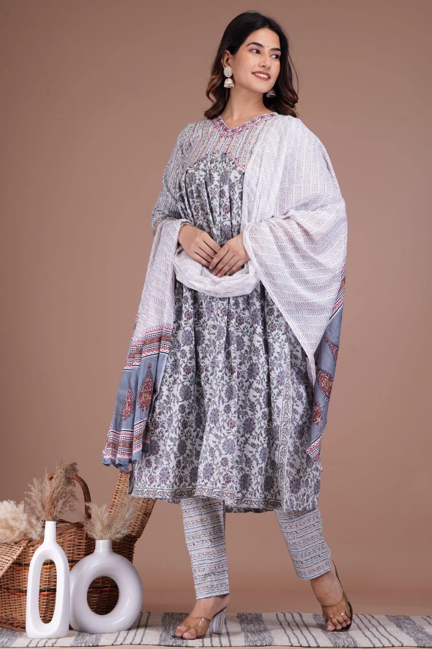Aaliya Cut Suit Set - Cotton Digital Prints with Neckline Details