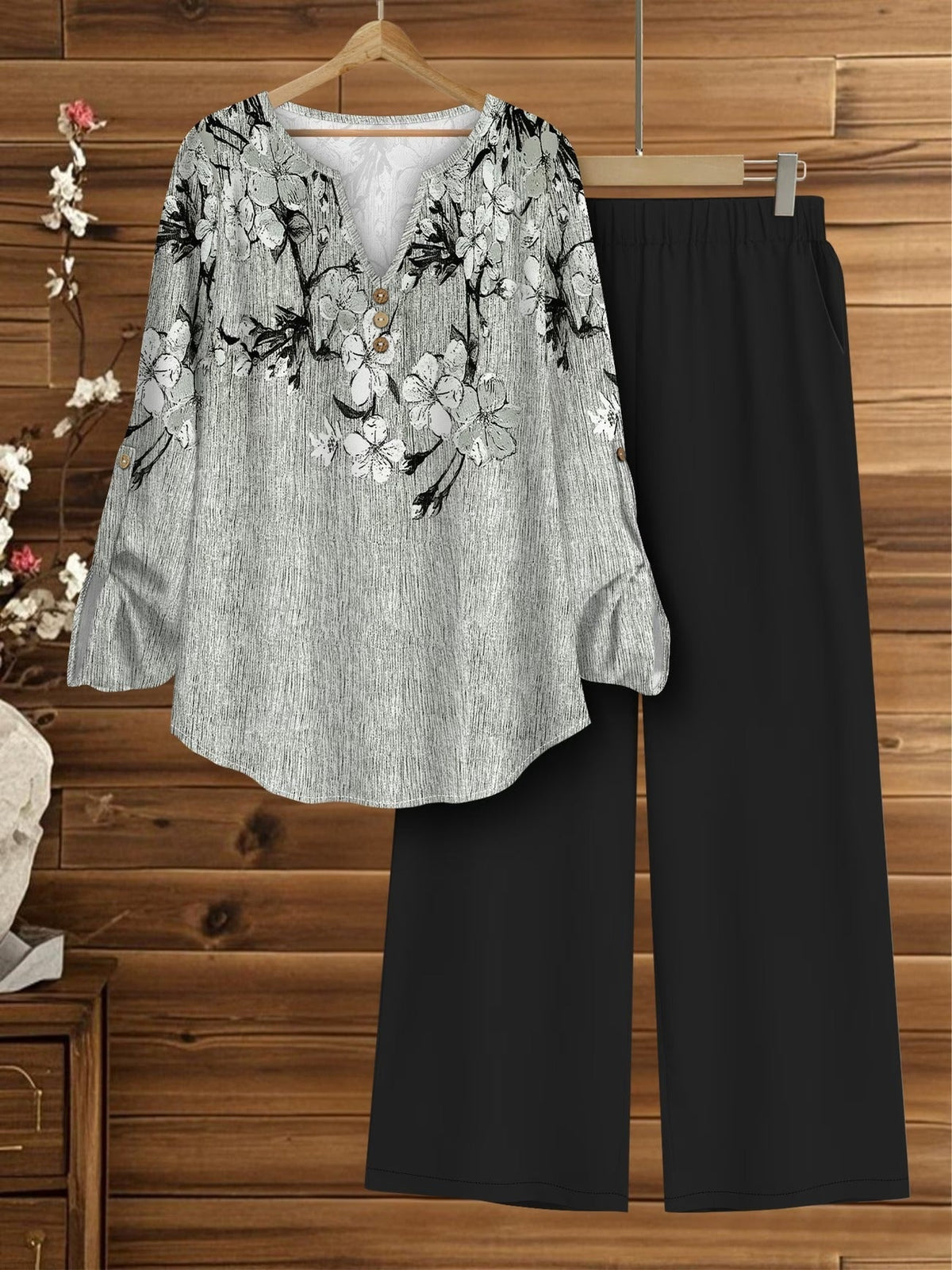 Women’s Floral Long-Sleeve Shirt with Printed Pants – Stylish Two-Piece Everyday Outfit (With Tie & Button Details)