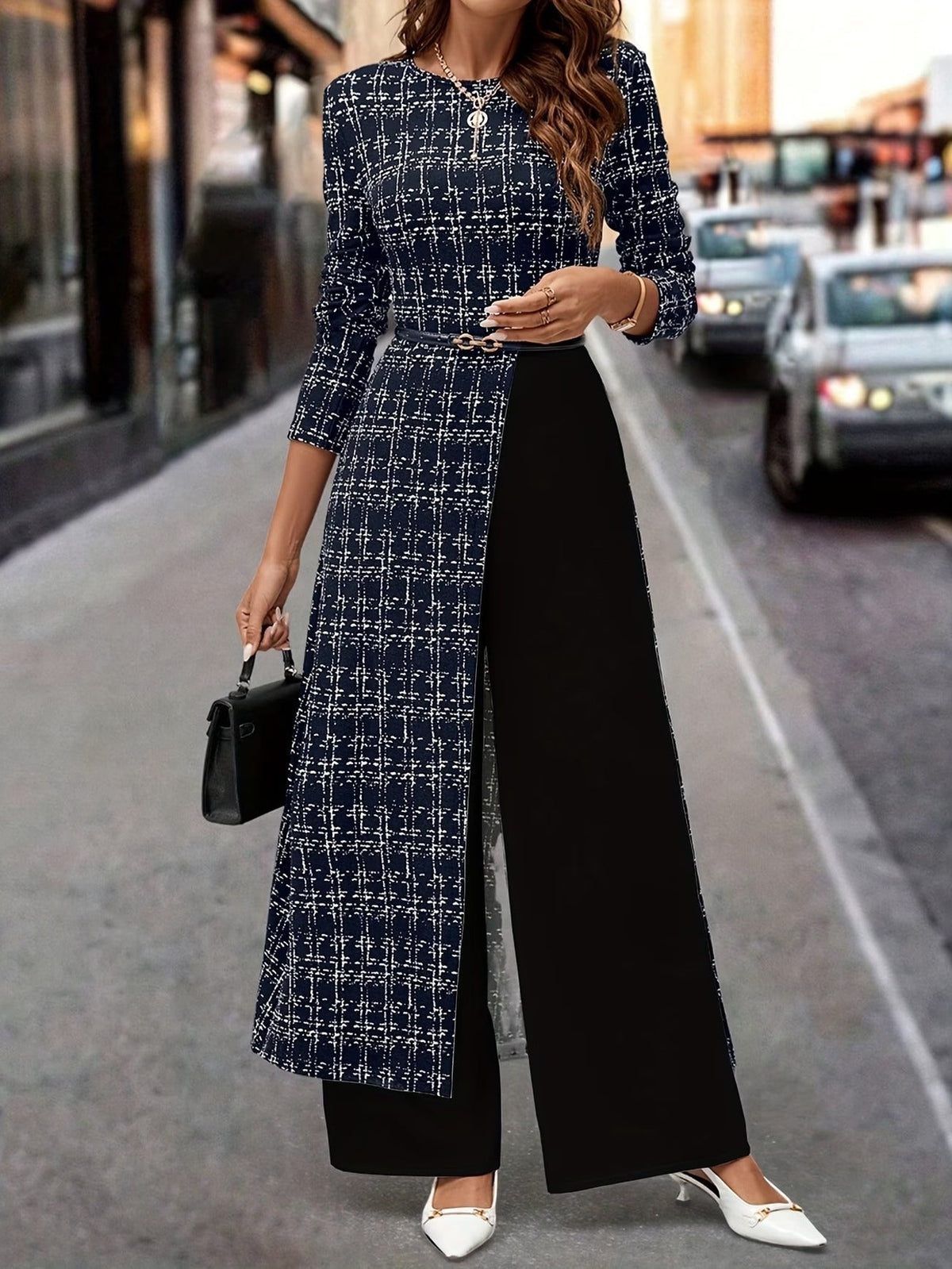 Chic Plaid Commuter Jumpsuit – Asymmetrical Design with Relaxed Straight-Leg Fit