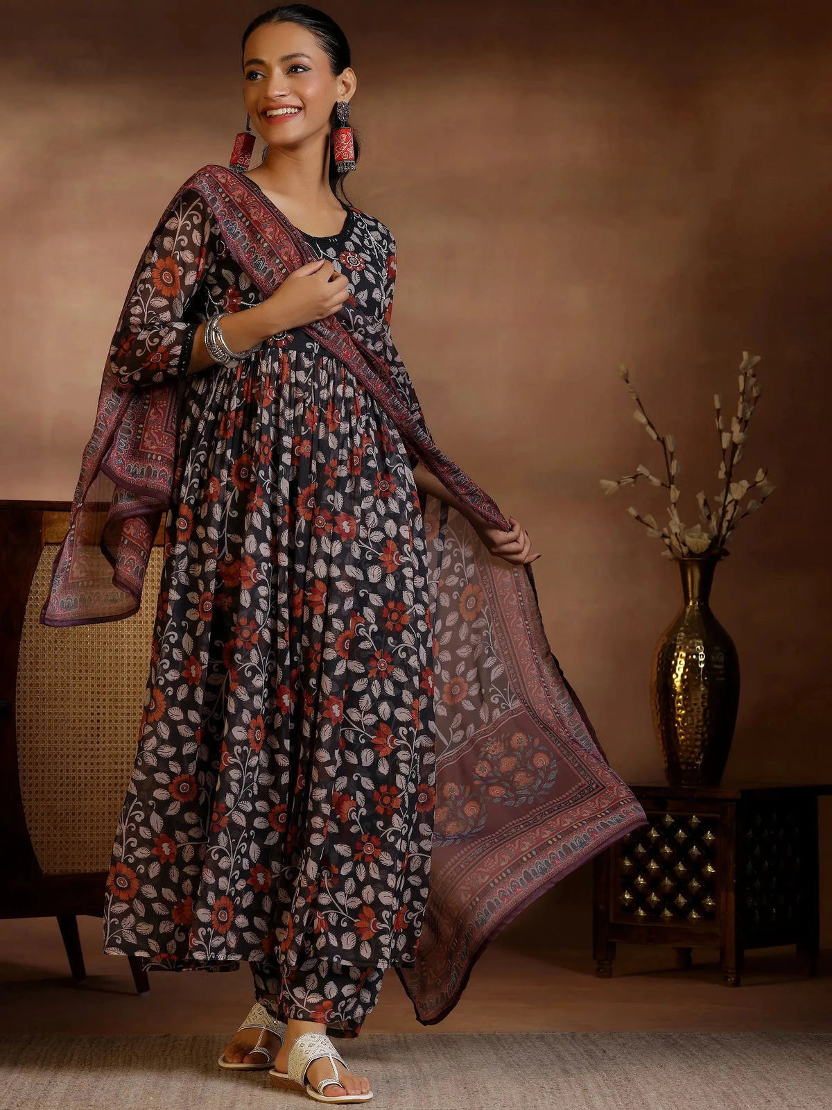 Anouk Black Printed Poly Chiffon A-Line Kurta With Palazzos & Dupatta