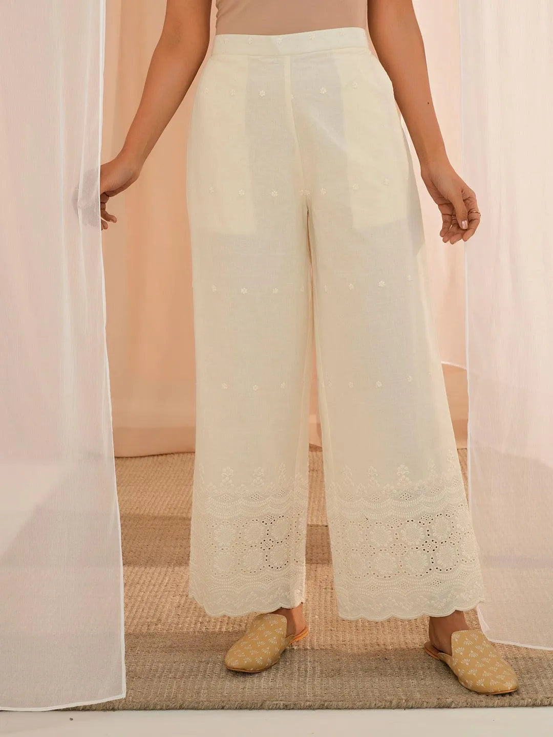 Anouk Off White Embroidered Cotton Wide Leg Palazzos