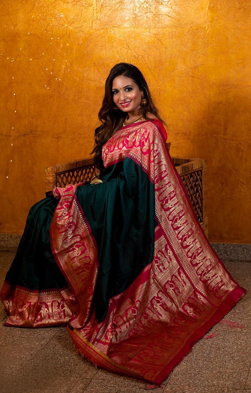 Smashing Green Soft Silk Saree With Divine Blouse Piece