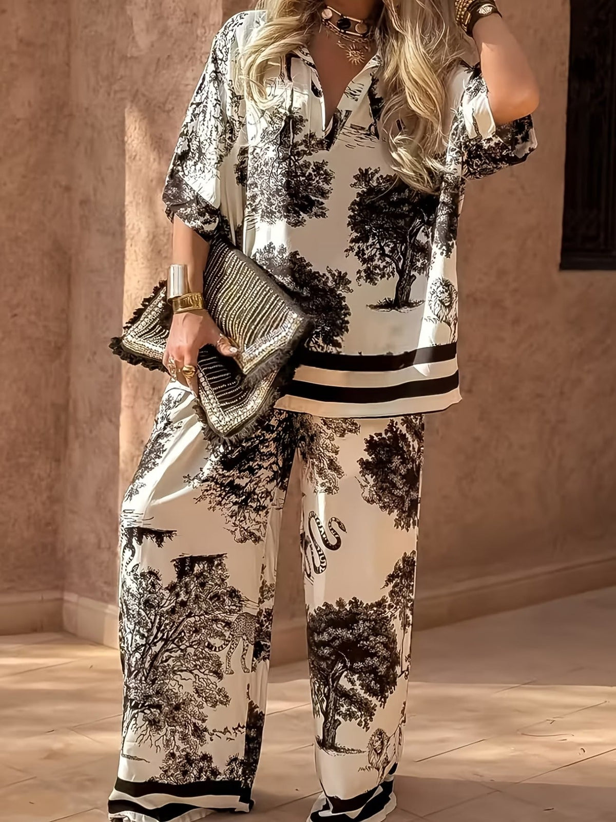 Stylish Oversized Printed Co-Ord Set – Relaxed Shirt & Wide-Leg Pants with Striped Hem for Women