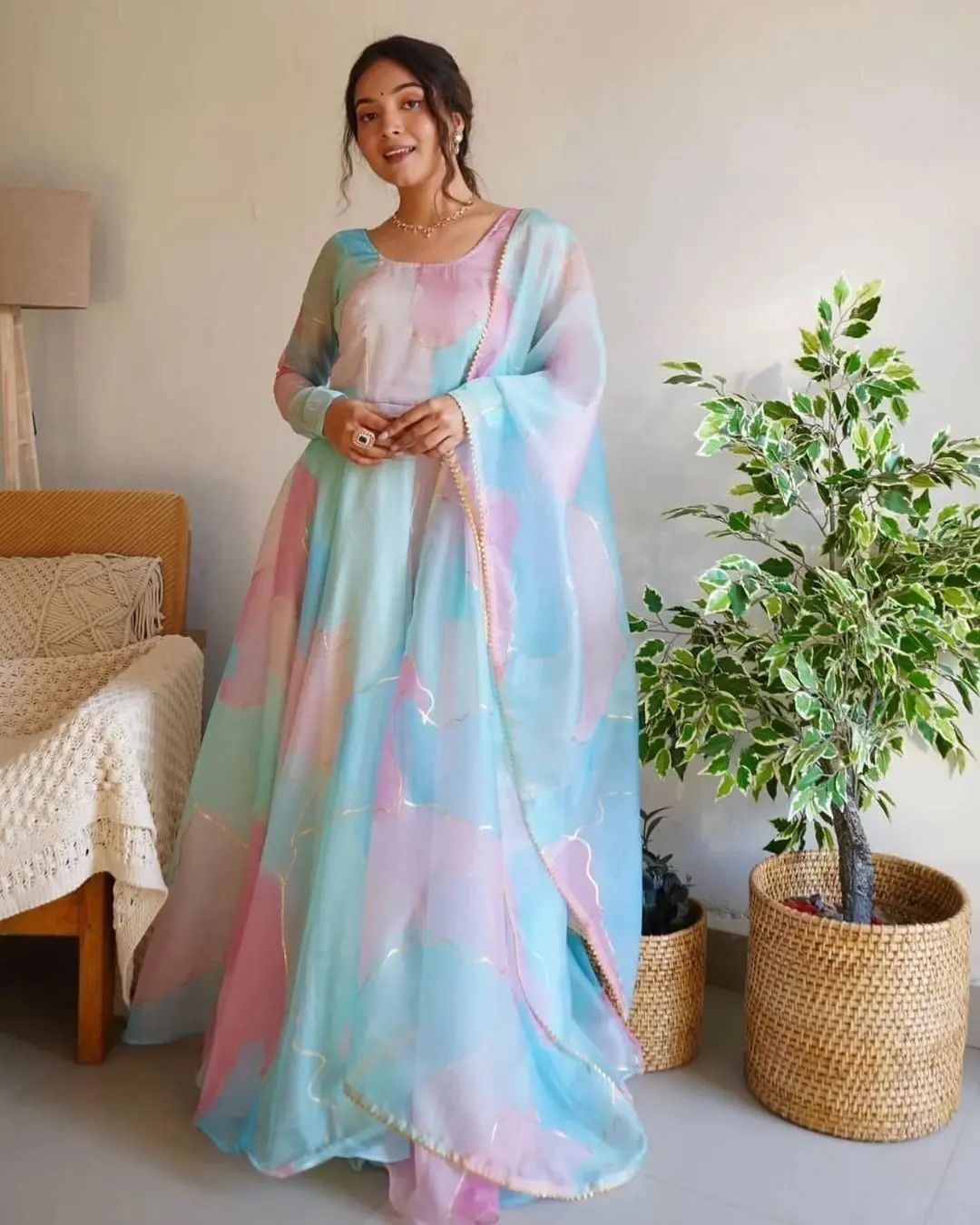 Tabby Silk Organza Gown with Digital Print and Lace Dupatta