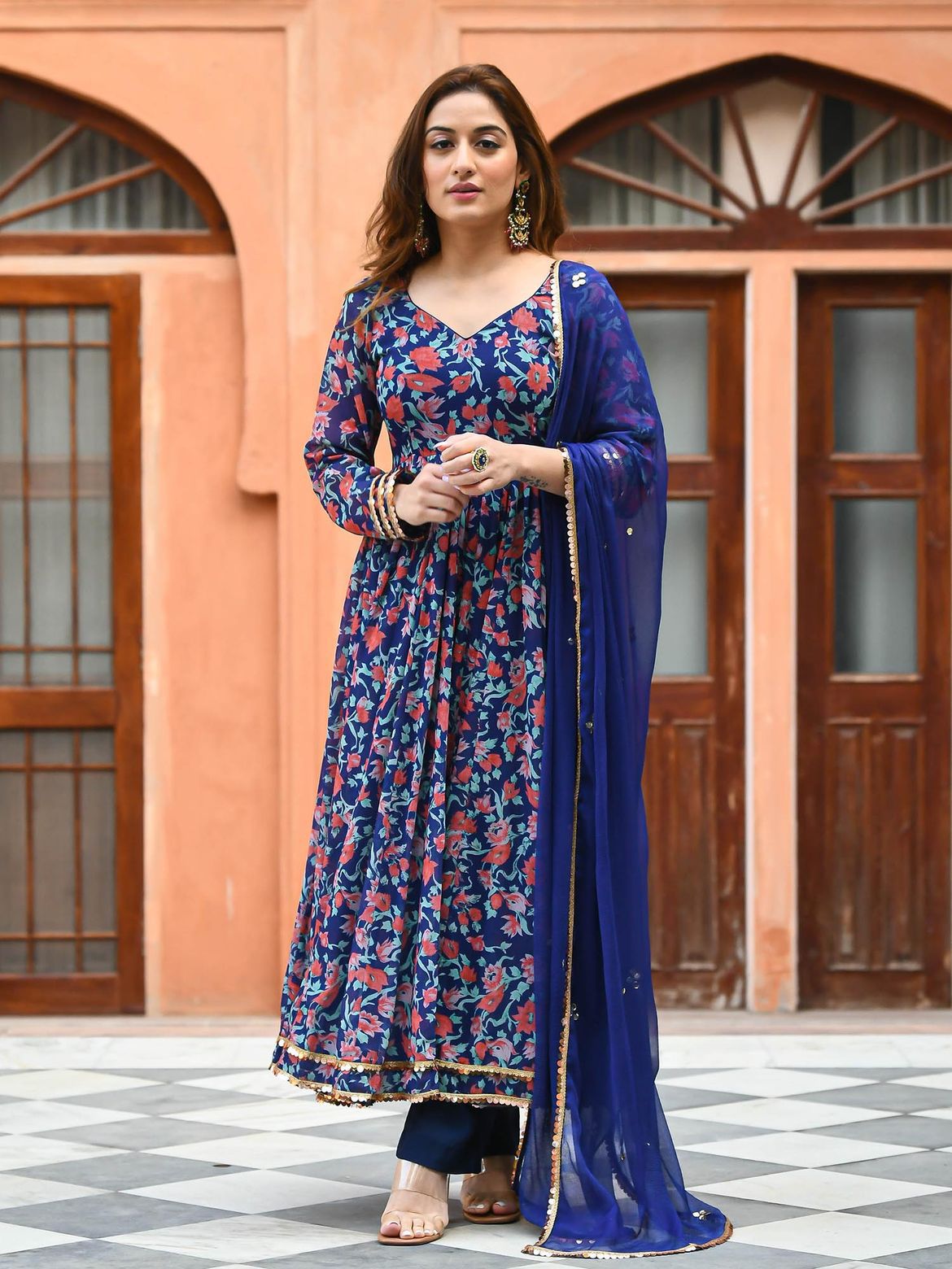 Blue Rayon Printed Long Gown Kurti Set with Pant and Dupatta