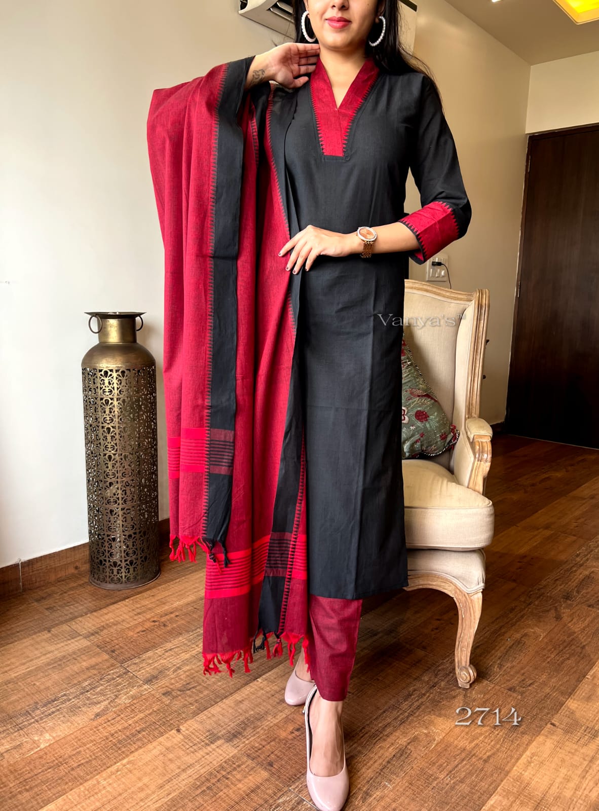 Temple Border Handloom South Cotton Kurta, Pant, and Dupatta Set