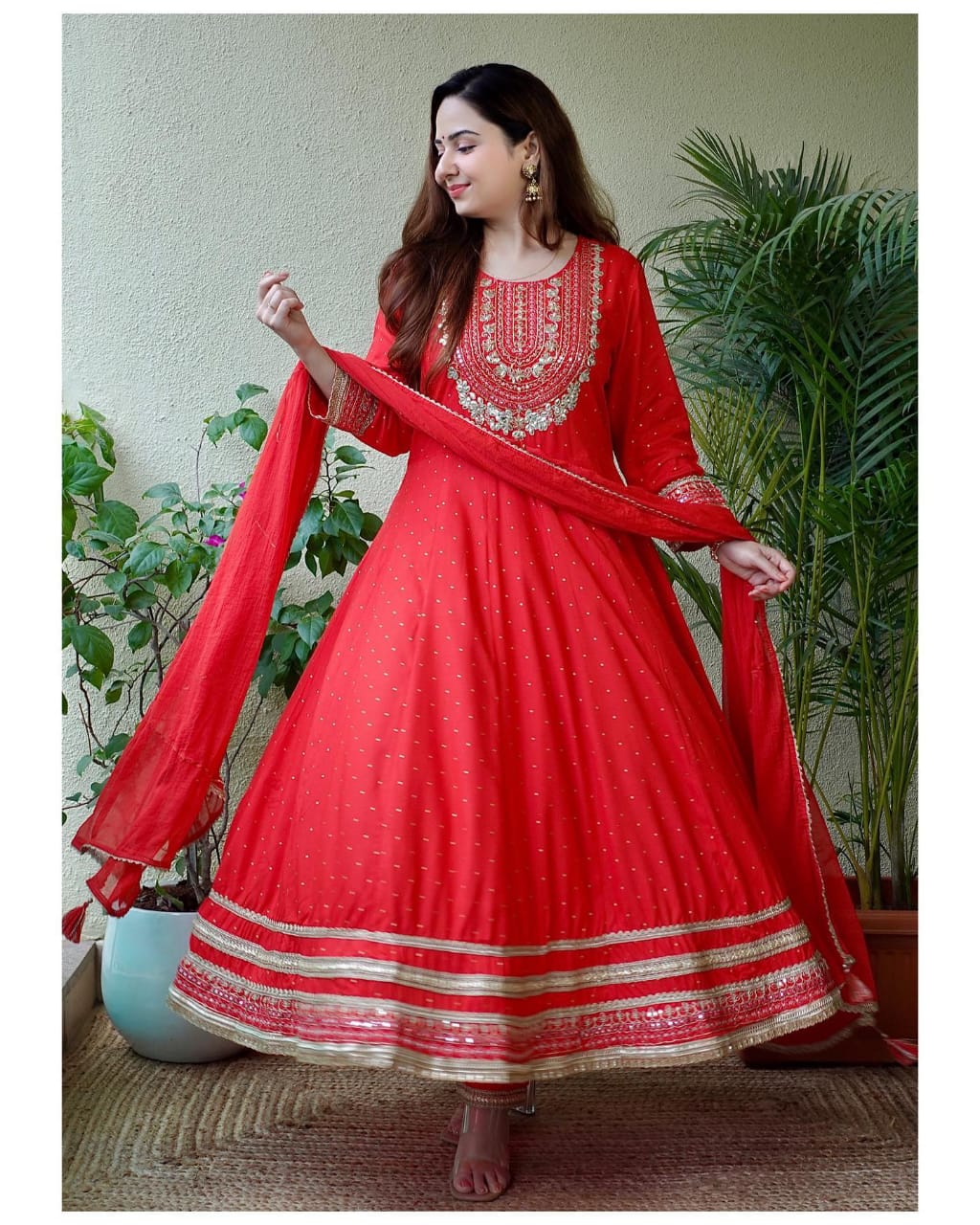 Rayon Print Flair Anarkali Kurti with Pant & Dupatta Set - Gotta Embroidery & Lace Details