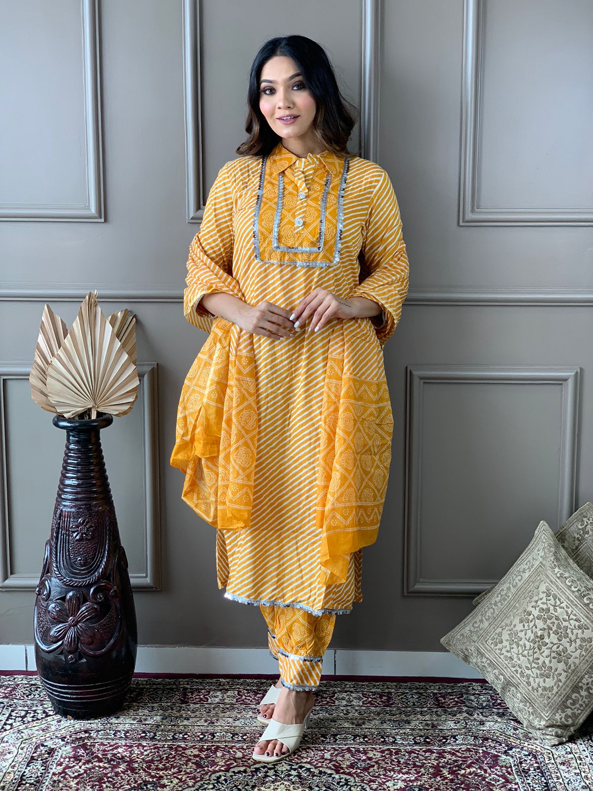 Cotton Kurta Set with Lace Adorned Yoke and Afghani Pant