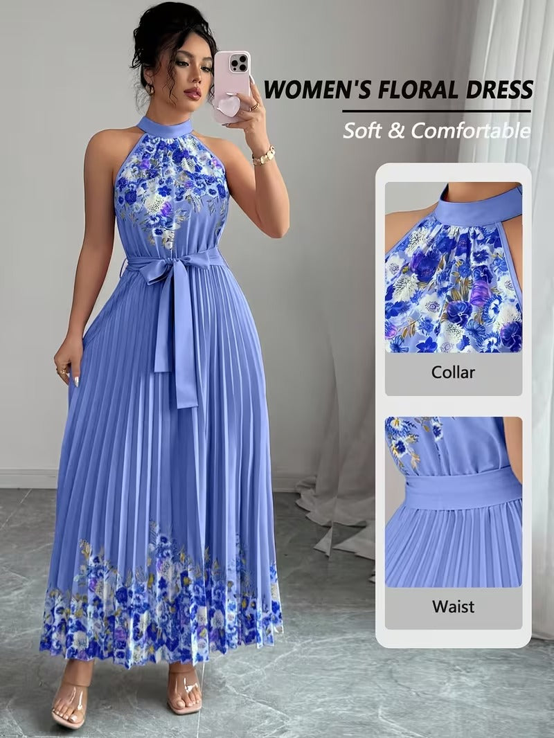 Elegant Floral Halter Neck Pleated Dress – Stylish & Comfortable Summer Outfit for Women