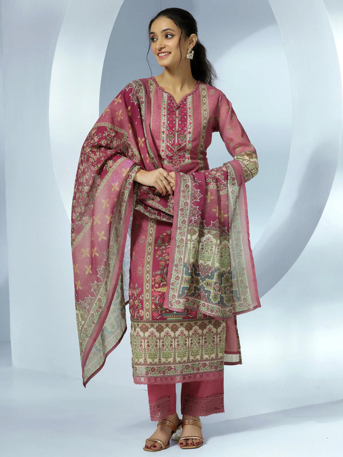 Anouk Mauve Printed Cotton Blend Straight Suit With Dupatta