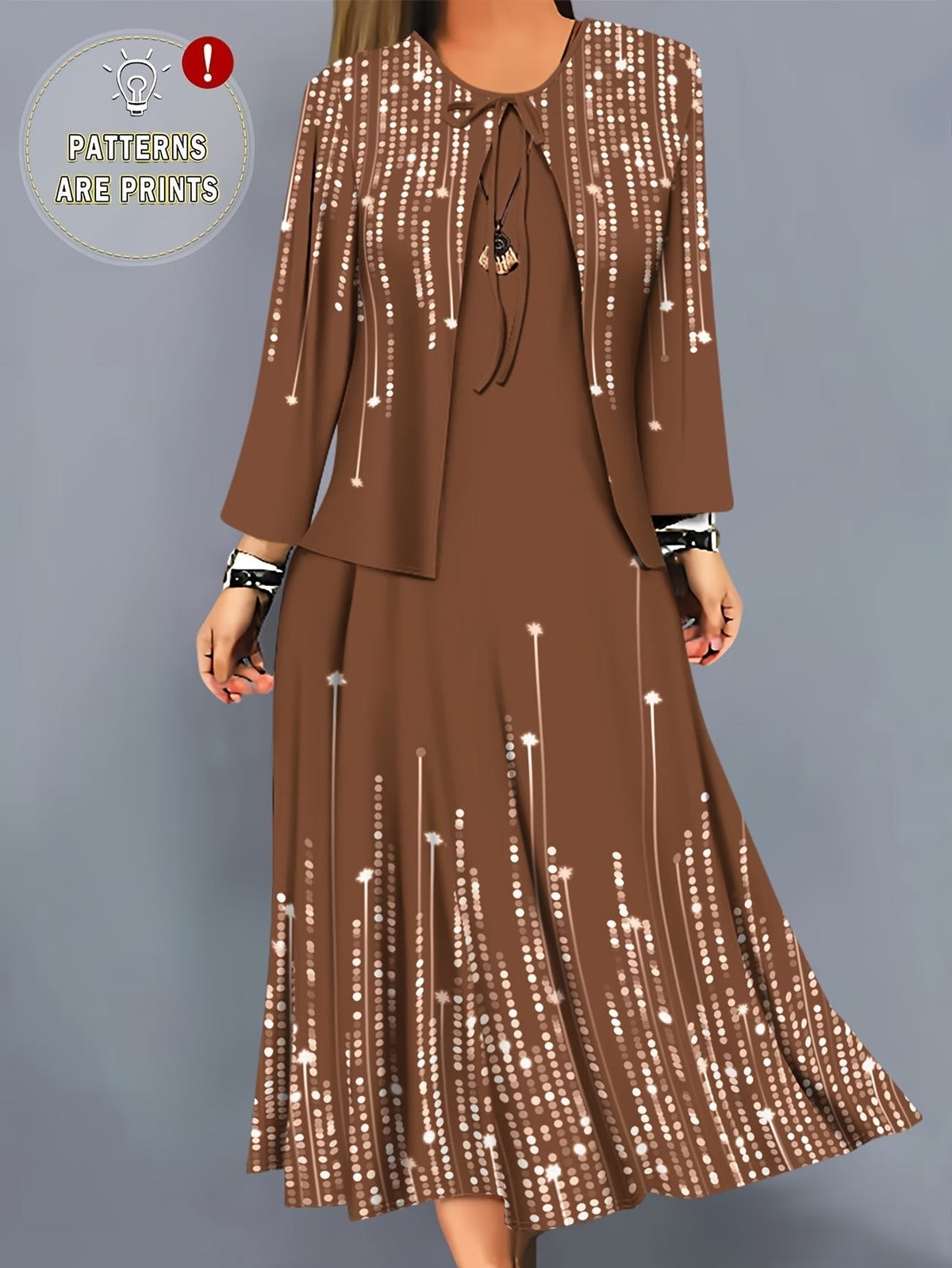 Elegant Layered Two-Piece Midi Dress Set with Tie-Front Cardigan – Flowy Printed Everyday & Occasion Wear
