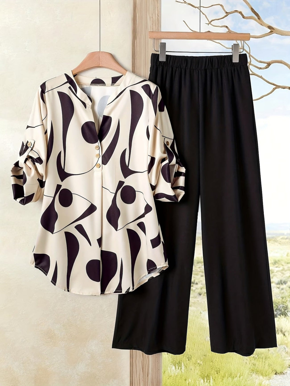 Women’s Floral Long-Sleeve Shirt with Printed Pants – Stylish Two-Piece Everyday Outfit (With Tie & Button Details)