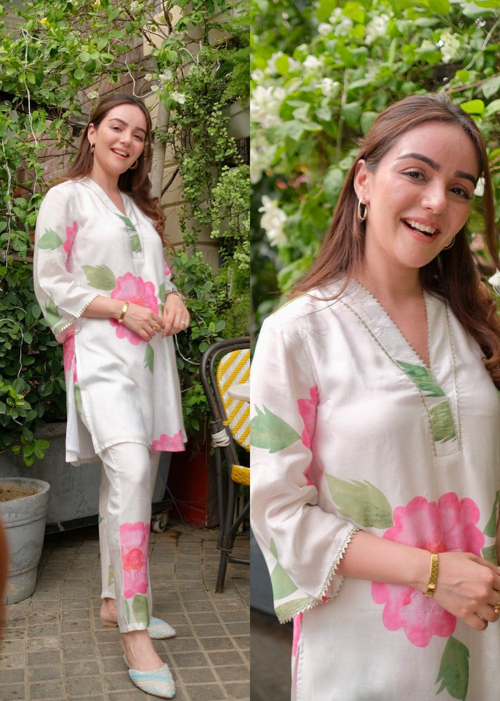 Floral Maslin Digital Print Kurta Pant Set with Lace Work