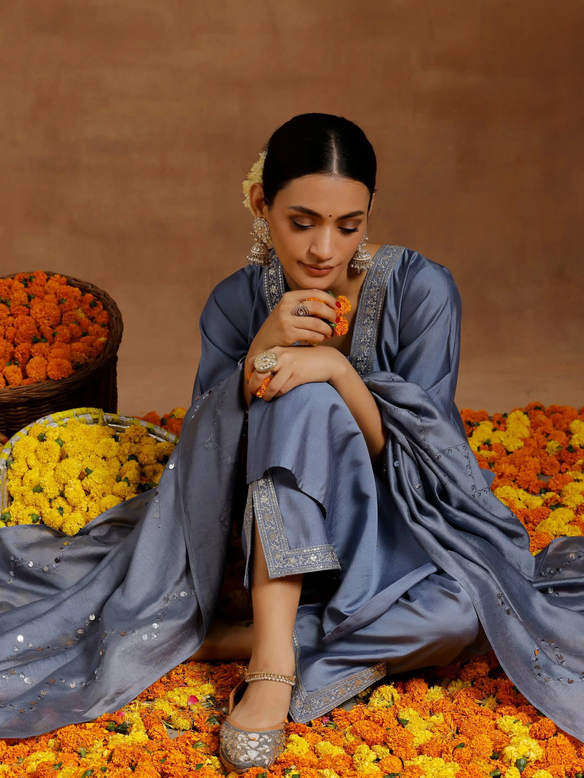 Anouk Grey Yoke Design Silk Blend Straight Suit With Dupatta