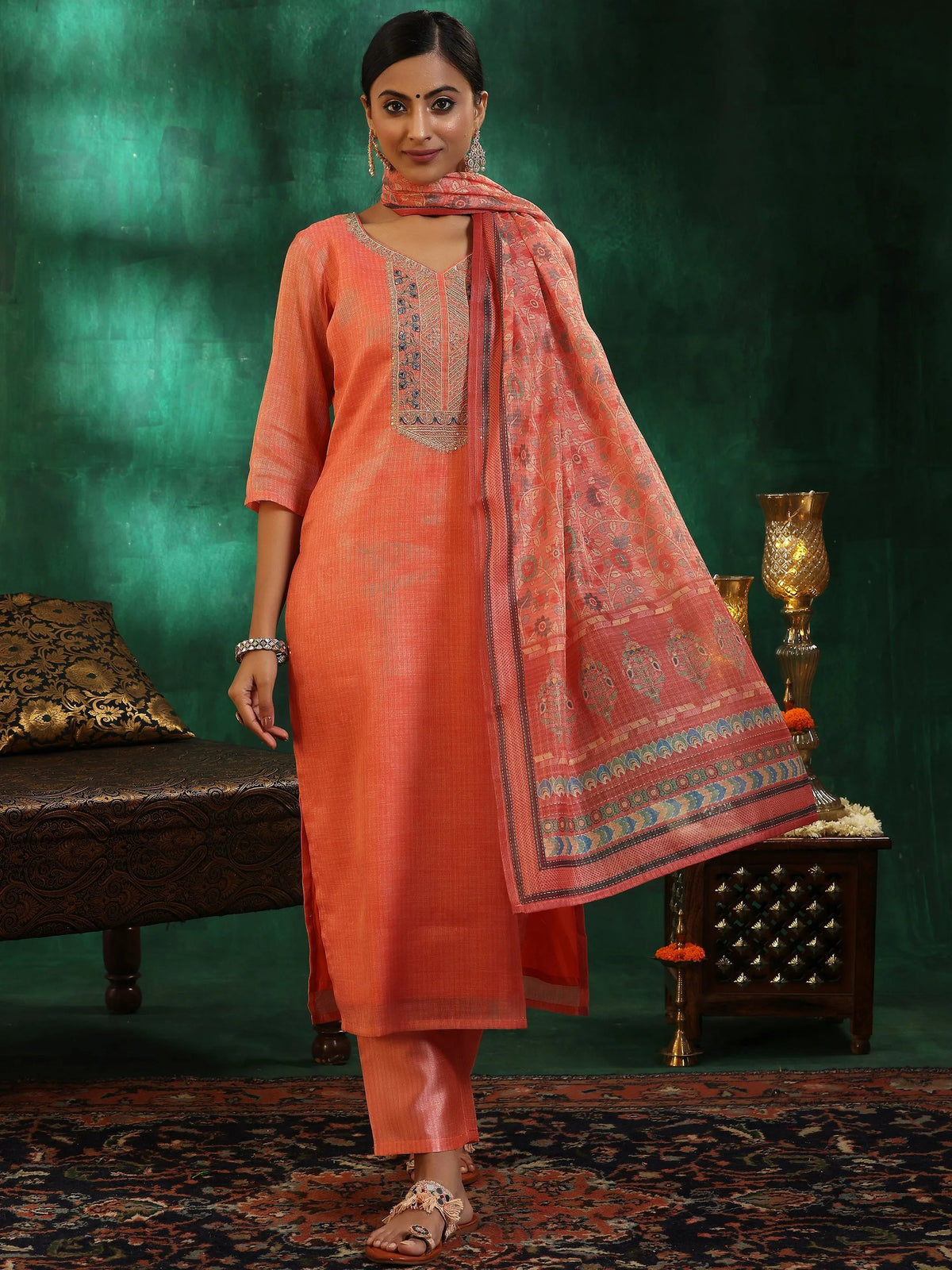 Anouk Peach Yoke Design Silk Blend Straight Suit With Dupatta
