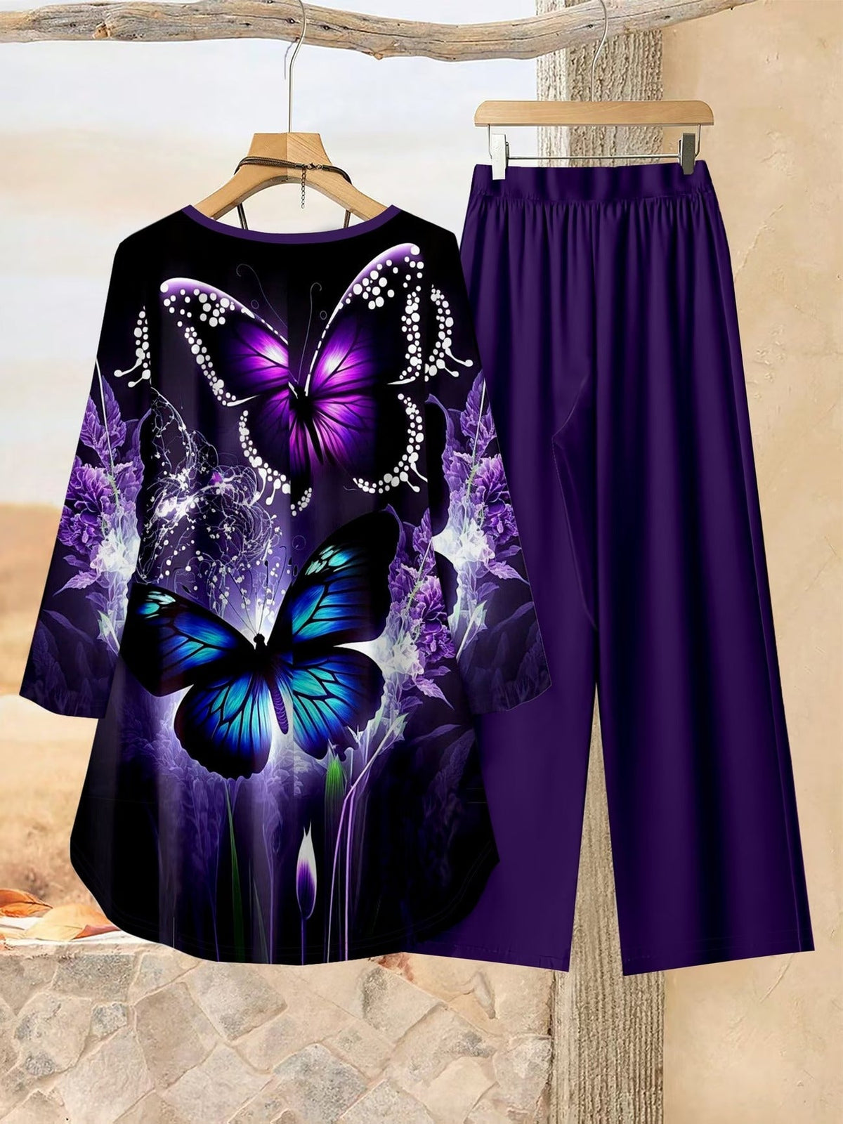 Loose Fit Irregular Print High-Low Hem Top with Solid Pants – Women’s Casual Two-Piece Outfit