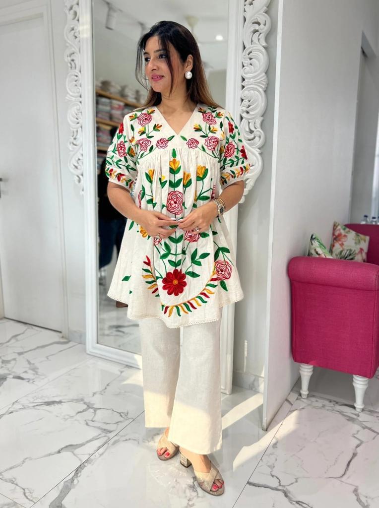 Embroidered Cotton Bell-Bottom Pant Coord Set