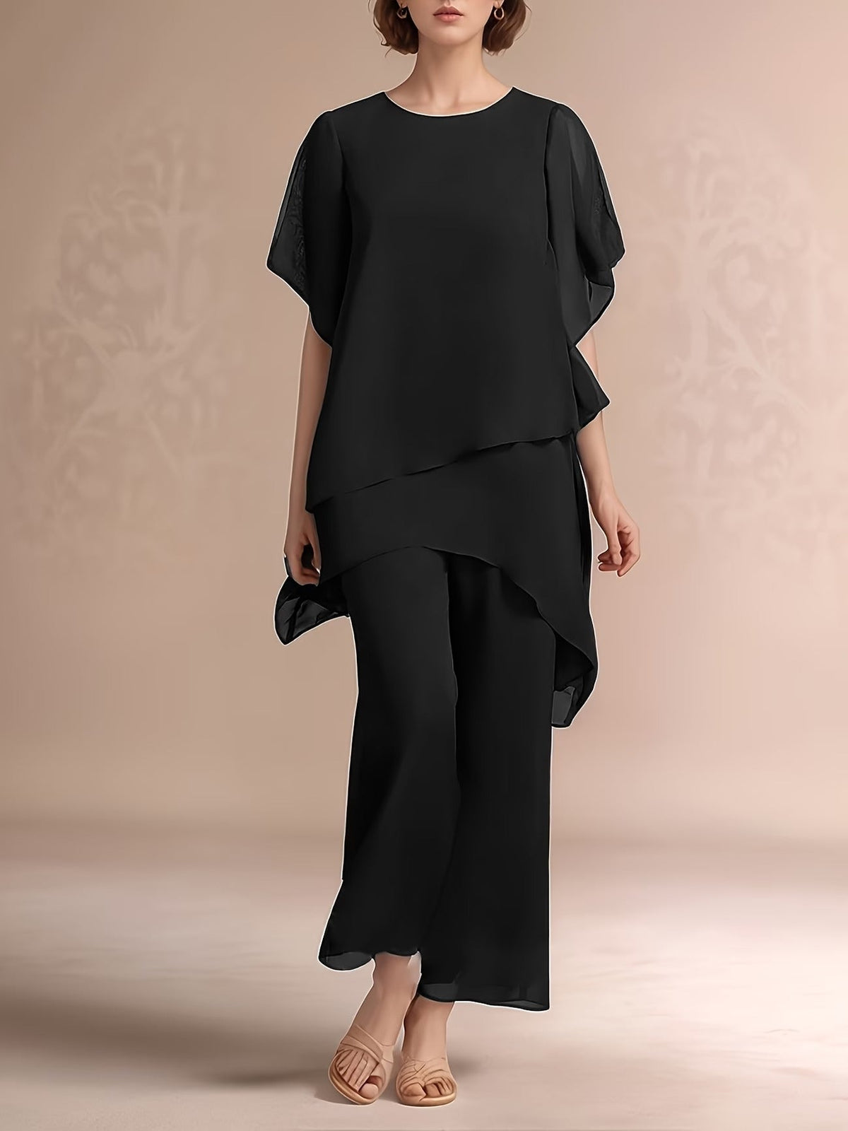 Women'S Chiffon Short Sleeve 2pcs Set Solid Color Irregular Elegant Party Fashion Suit