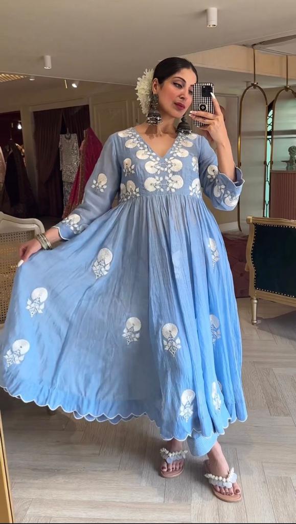 Cotton Gown and Bottom Set with Embroidery and Mirror Work