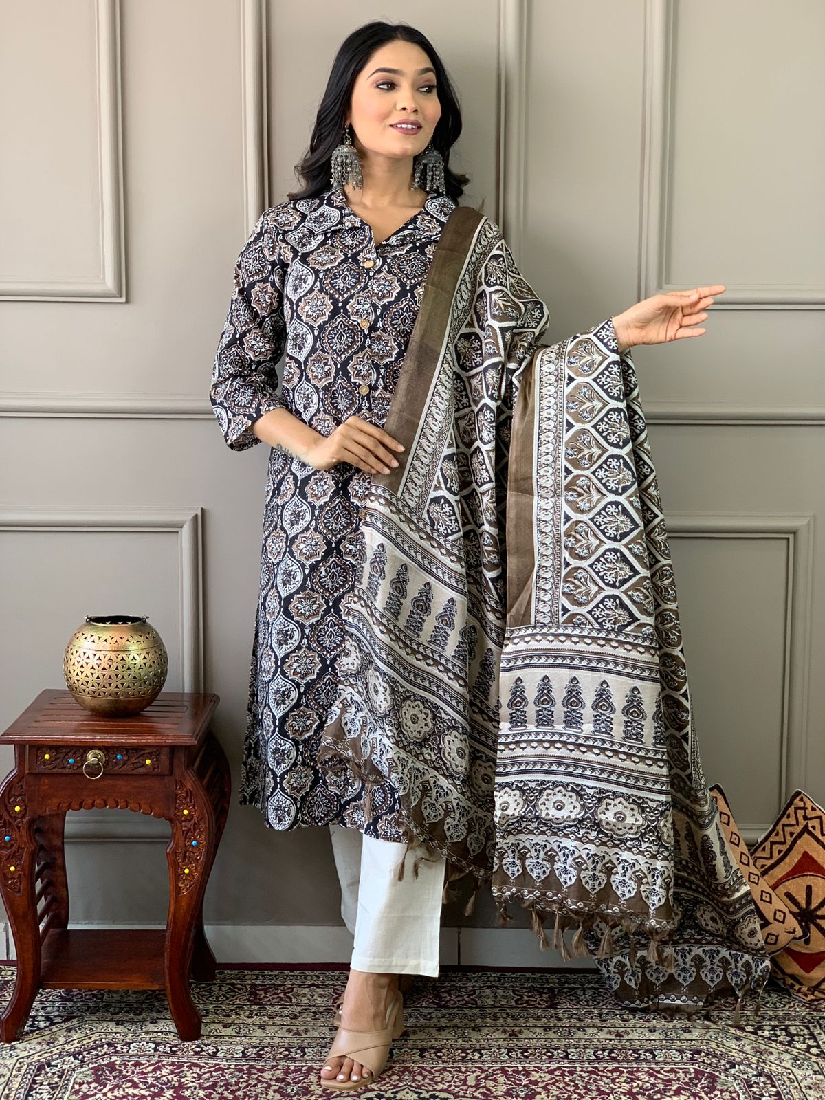 Ajrakh Work Cotton Kurta Set with Dupatta