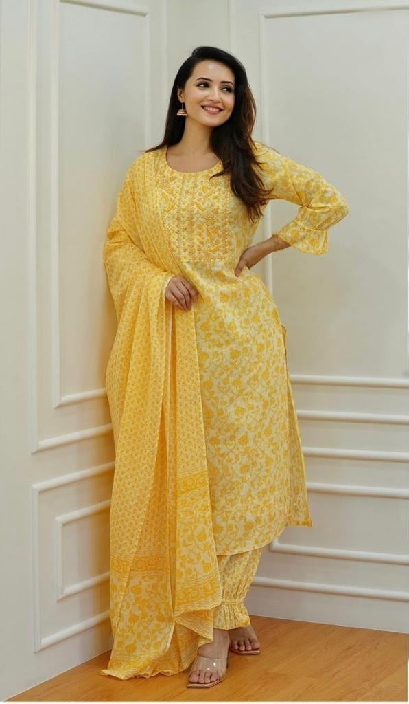 Yellow Cambric Cotton Suit Set with Embroidery and Sequin Detailing