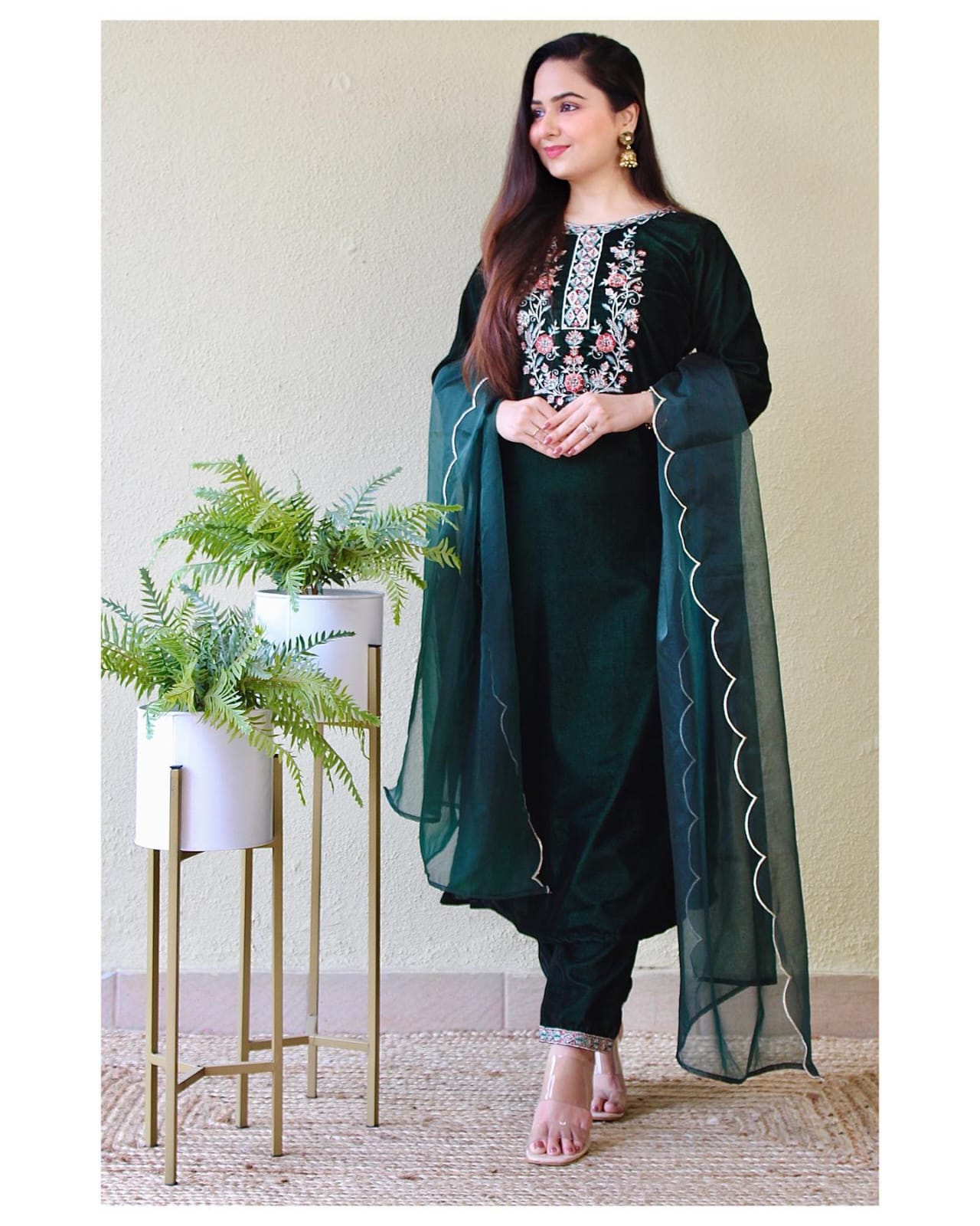 Velvet Suit Set with Thread Embroidery and Organza Dupatta