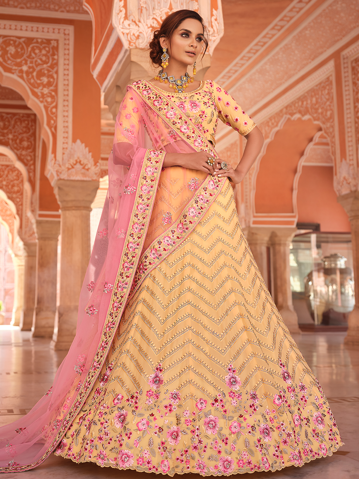 Yellow Embroidered Georgette Semi Stitched Lehenga With Unstitched Blouse