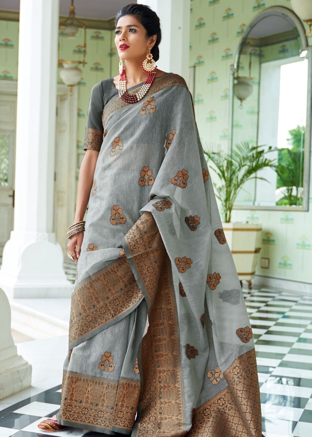Smoke Grey Woven Linen Silk Saree with Butti overall