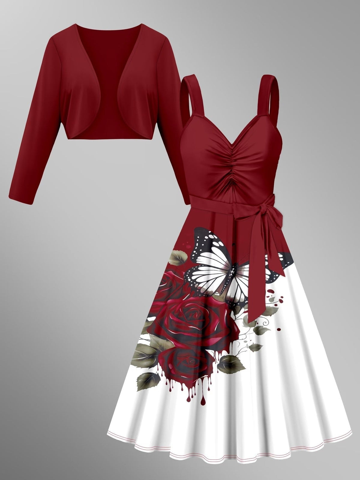 Women’s Elegant Printed Dress with Solid Cardigan – Stylish 2 Piece Set