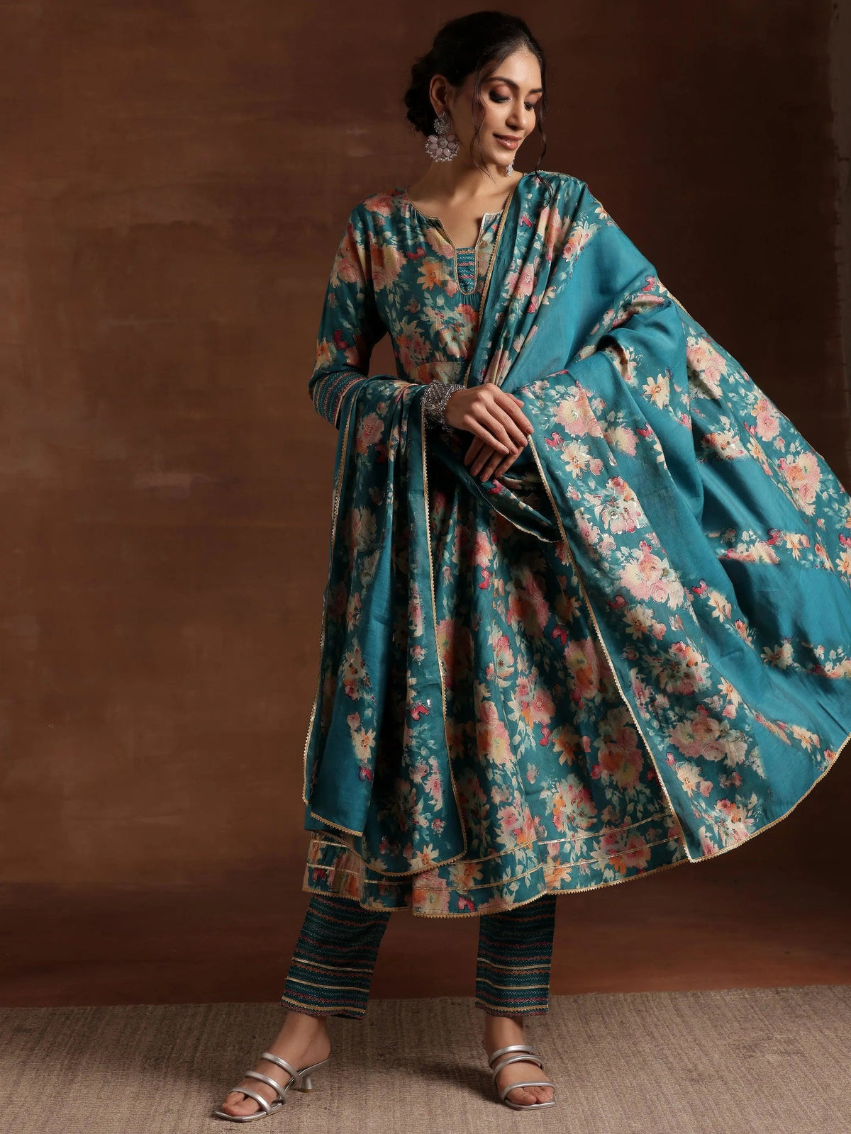 Anouk Blue Printed Silk Blend Anarkali Suit With Dupatta