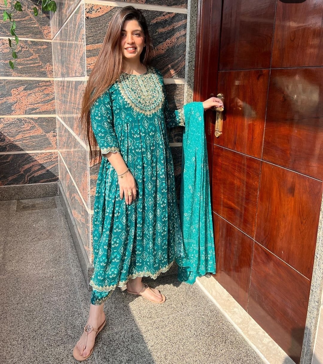 Heavy Rayon Teal Kurta Set with Naira Cut Embroidery and Printed Mulmul Dupatta