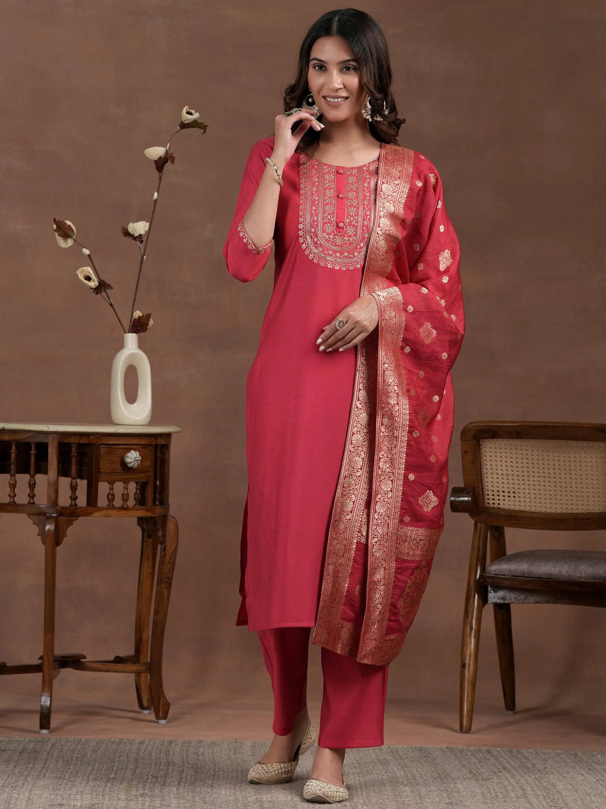Anouk Pink Yoke Design Silk Blend Straight Suit With Dupatta