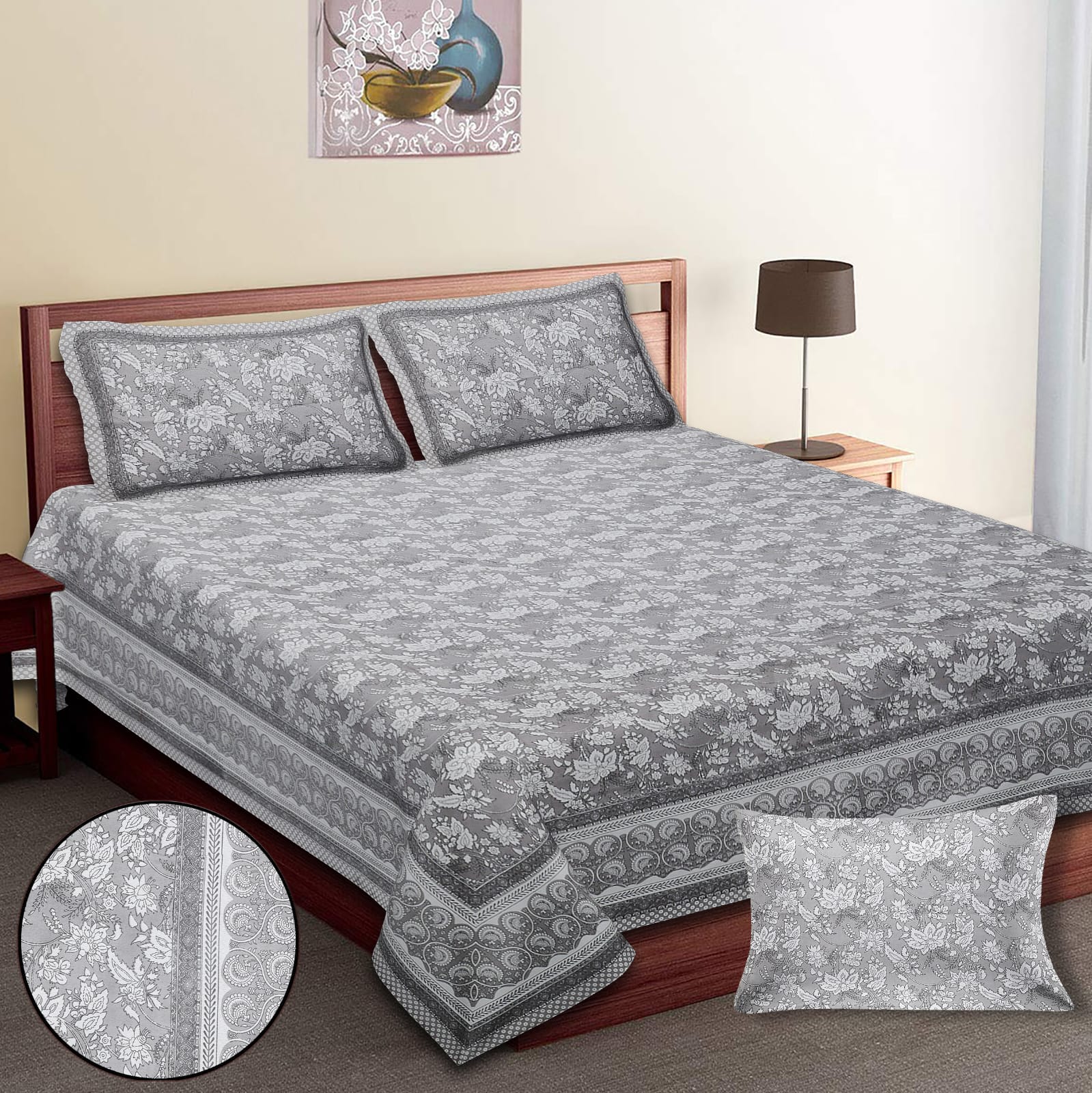 King-Size Cotton Bedsheet Set with Pillow Covers