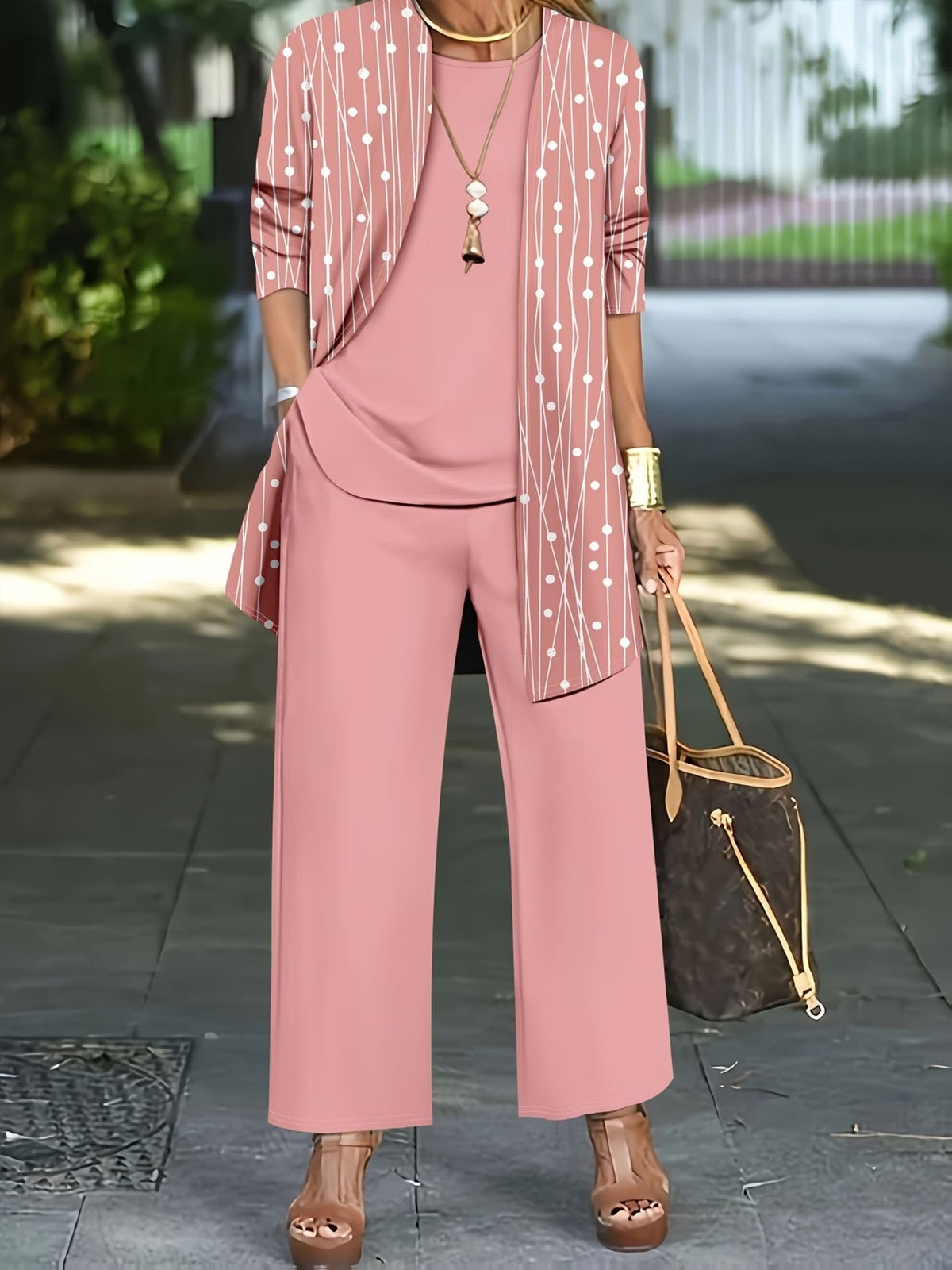 Elegant Polka Dot Cardigan Coat with Solid Suspender Top & Casual Trousers – Stylish 3-Piece Women’s Set