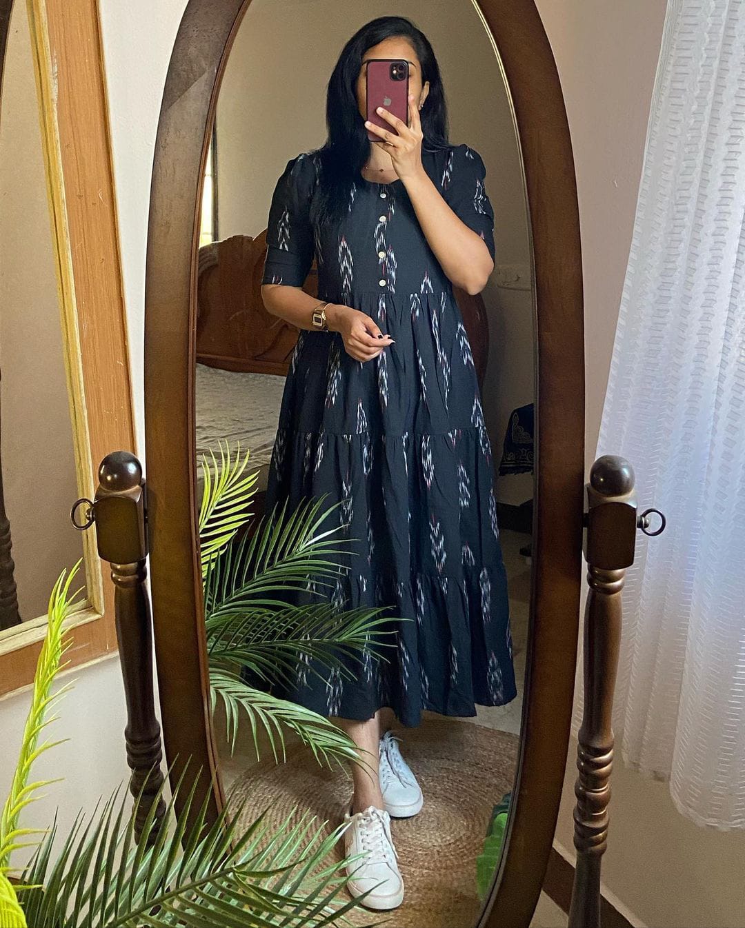 Black Ikkat Print Cotton Flair Middy Gown - 47" Length, 61" Flair