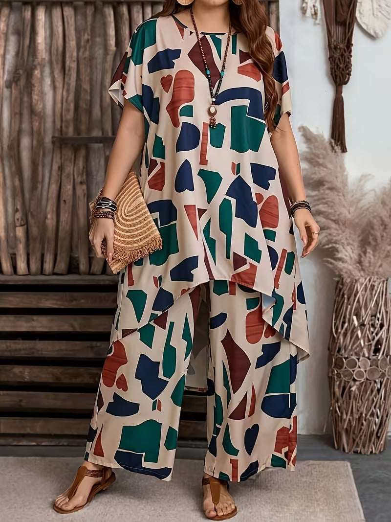 Women’s Geometric Print Top & High-Waist Wide-Leg Pants Co-Ord Set