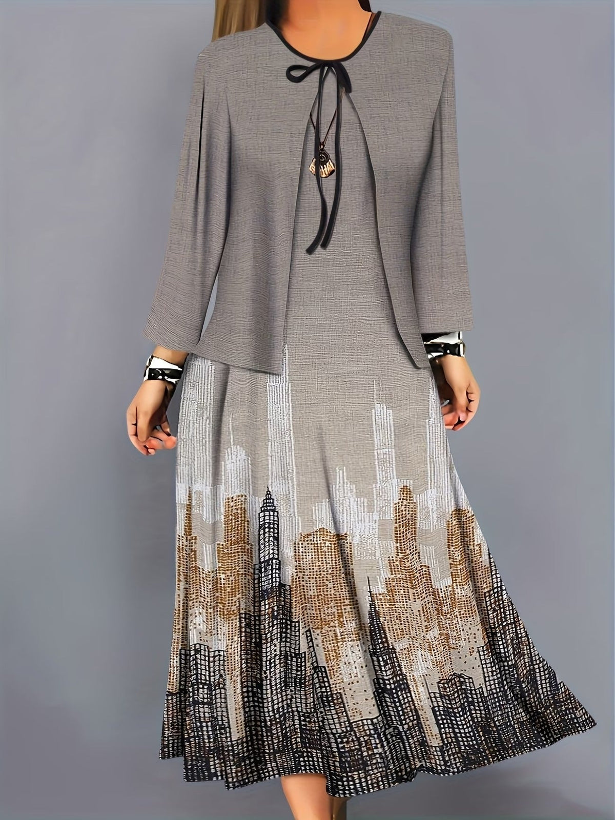 Elegant Layered Two-Piece Midi Dress Set with Tie-Front Cardigan – Flowy Printed Everyday & Occasion Wear